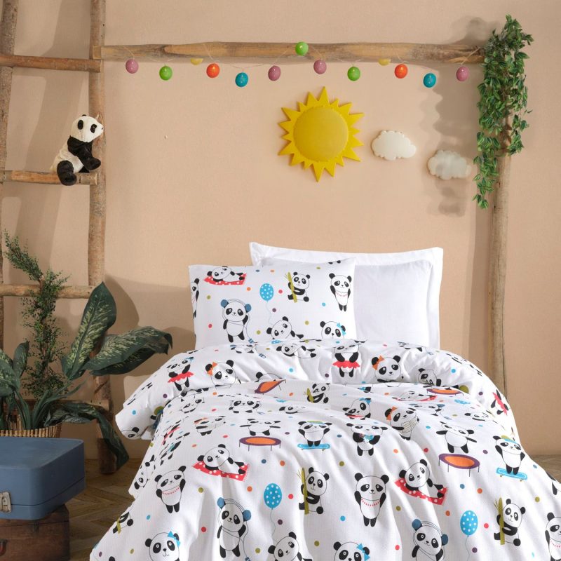 LovePandas - White – Единечен сет пике прекривач и навлака за перница