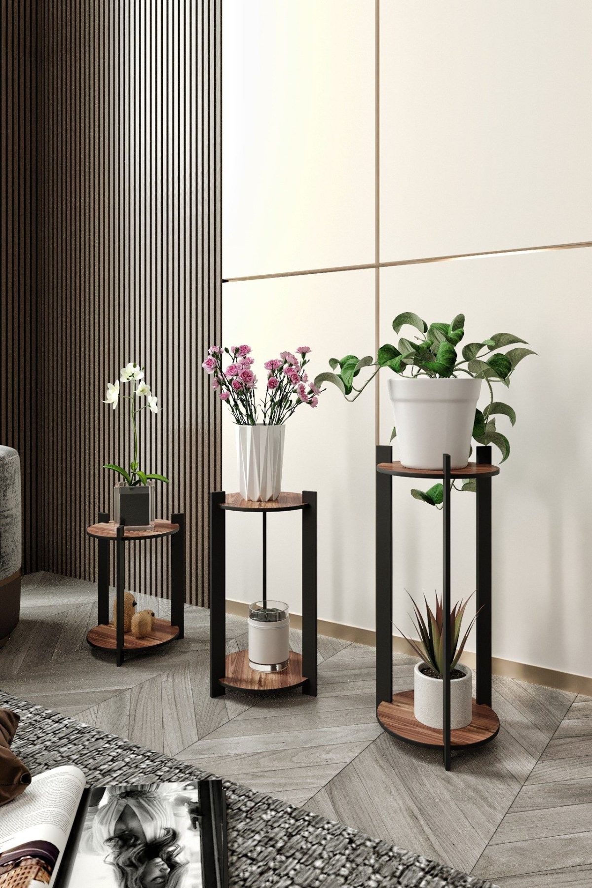 Flower Desk Round - Walnut – Дрвен штанд за растенија - Image 2