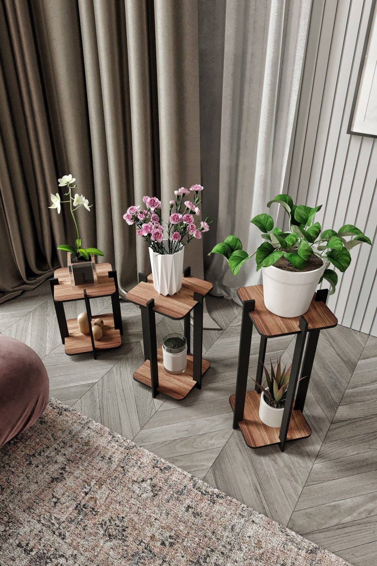 Flower Desk Square - Walnut – Дрвен штанд за растенија - Image 3