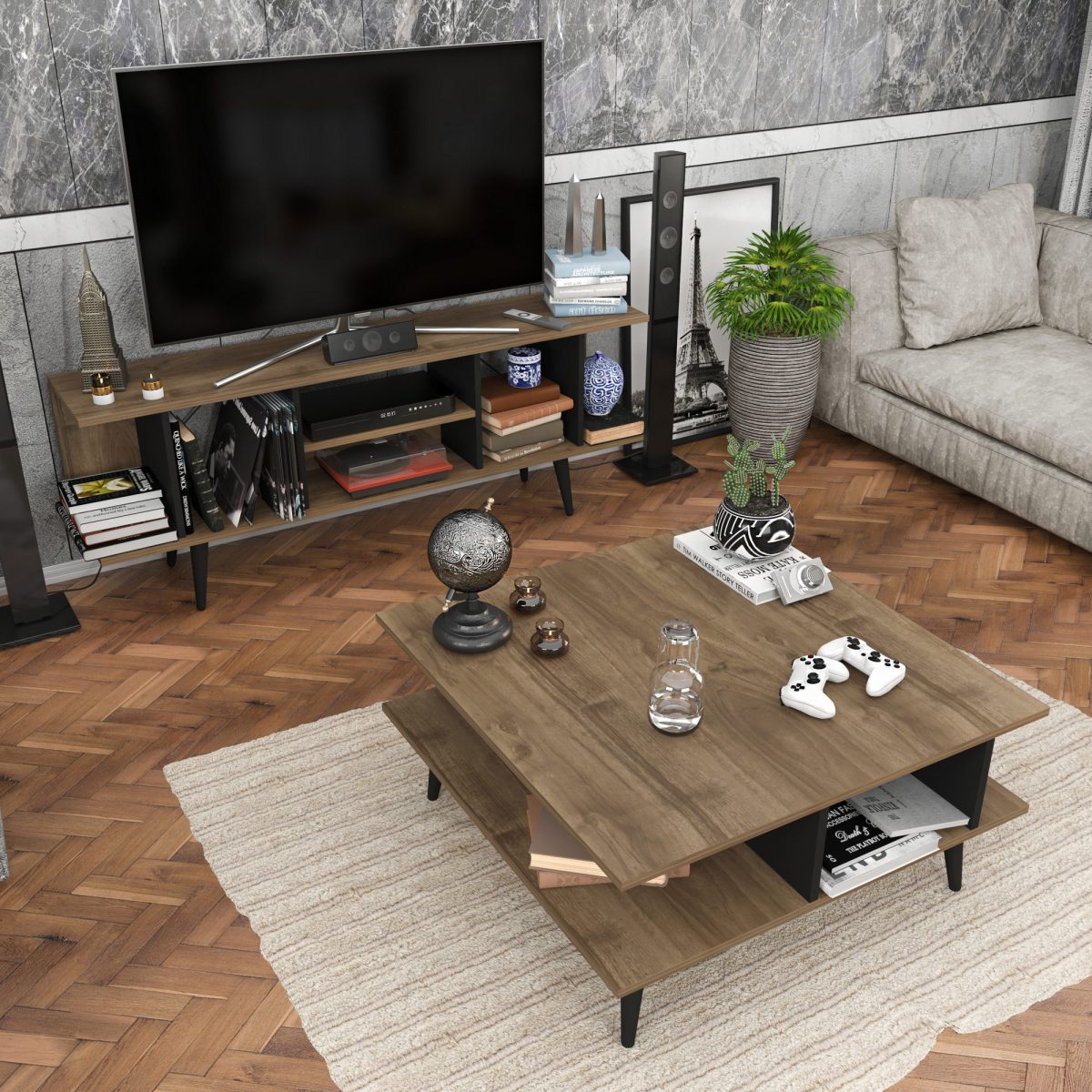 Akya - Walnut, Black – Маса за кафе - Image 2