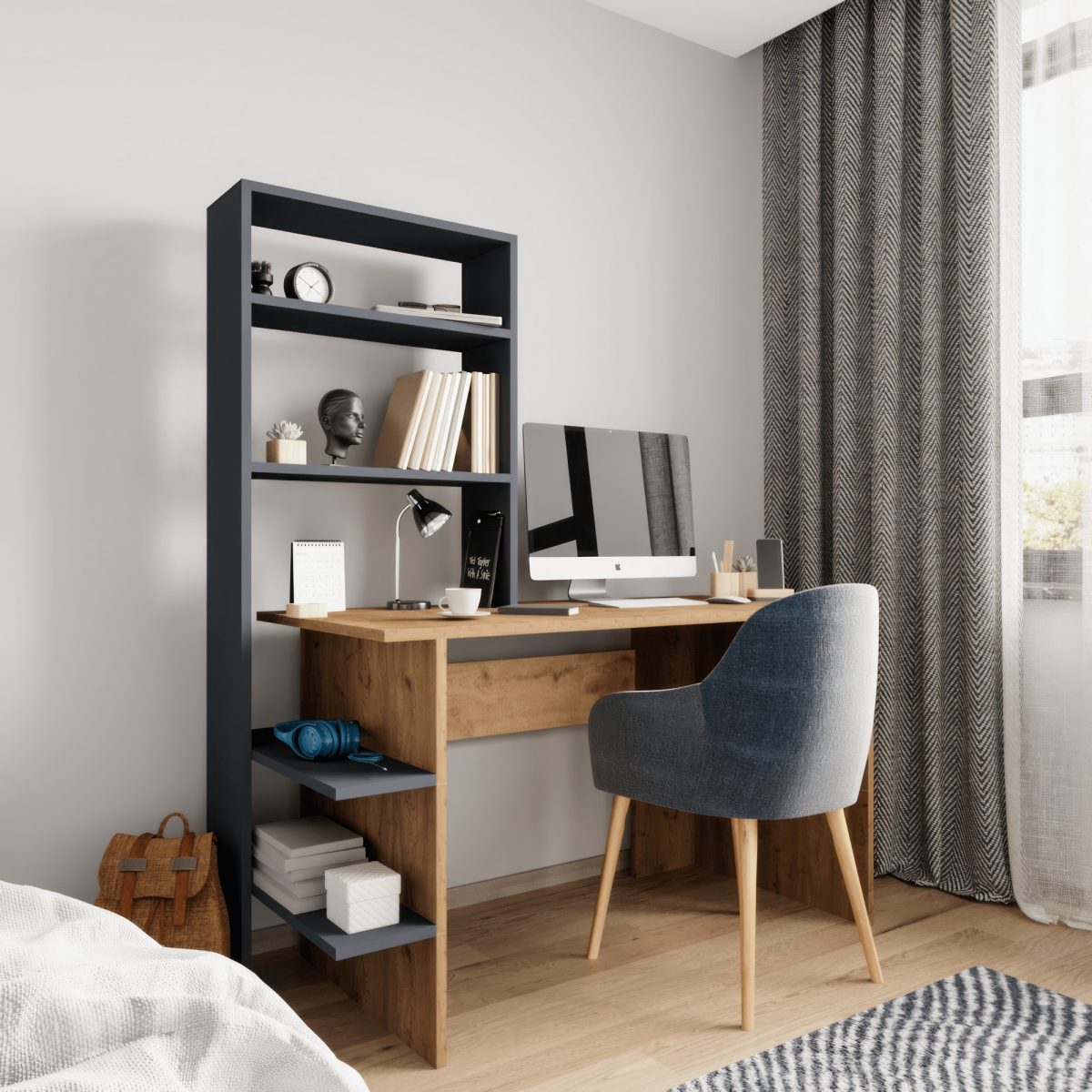 Aden - Oak, Anthracite – Биро за учење и полица за книги - Image 2