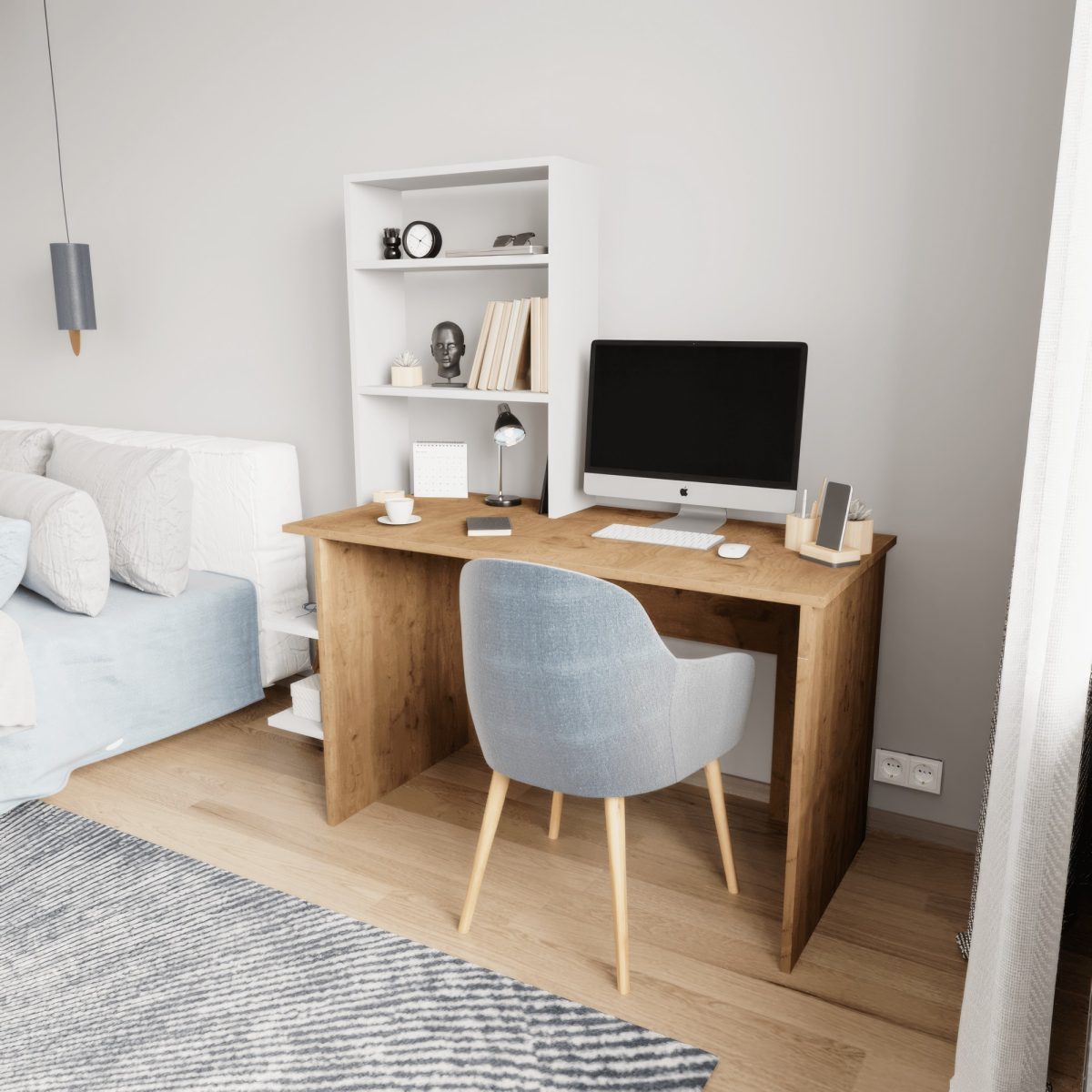 Aden - Oak, White – Биро за учење и полица за книги - Image 3