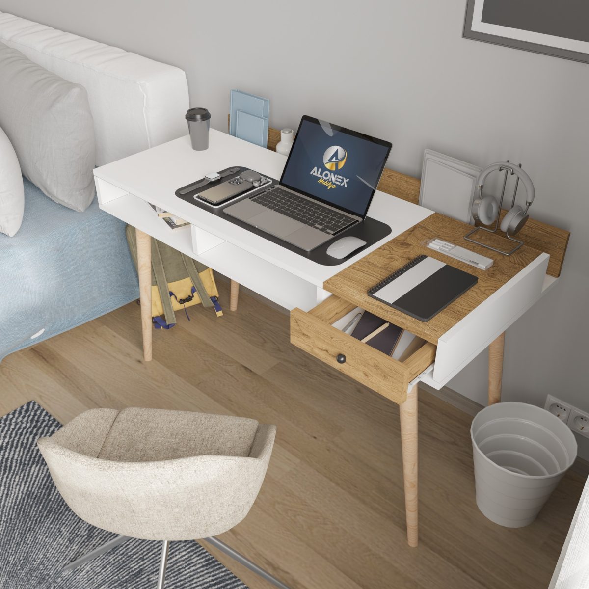 Flex - White, Oak – Канцелариско биро - Image 5