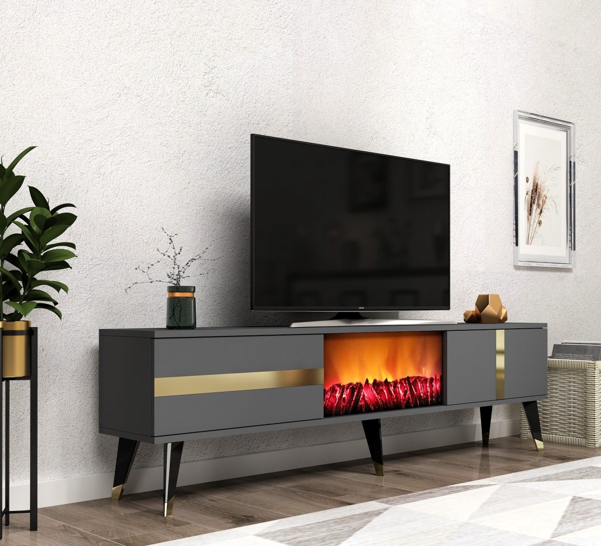 Vania Fireplace - Anthracite, Gold – ТВ комода - Image 2