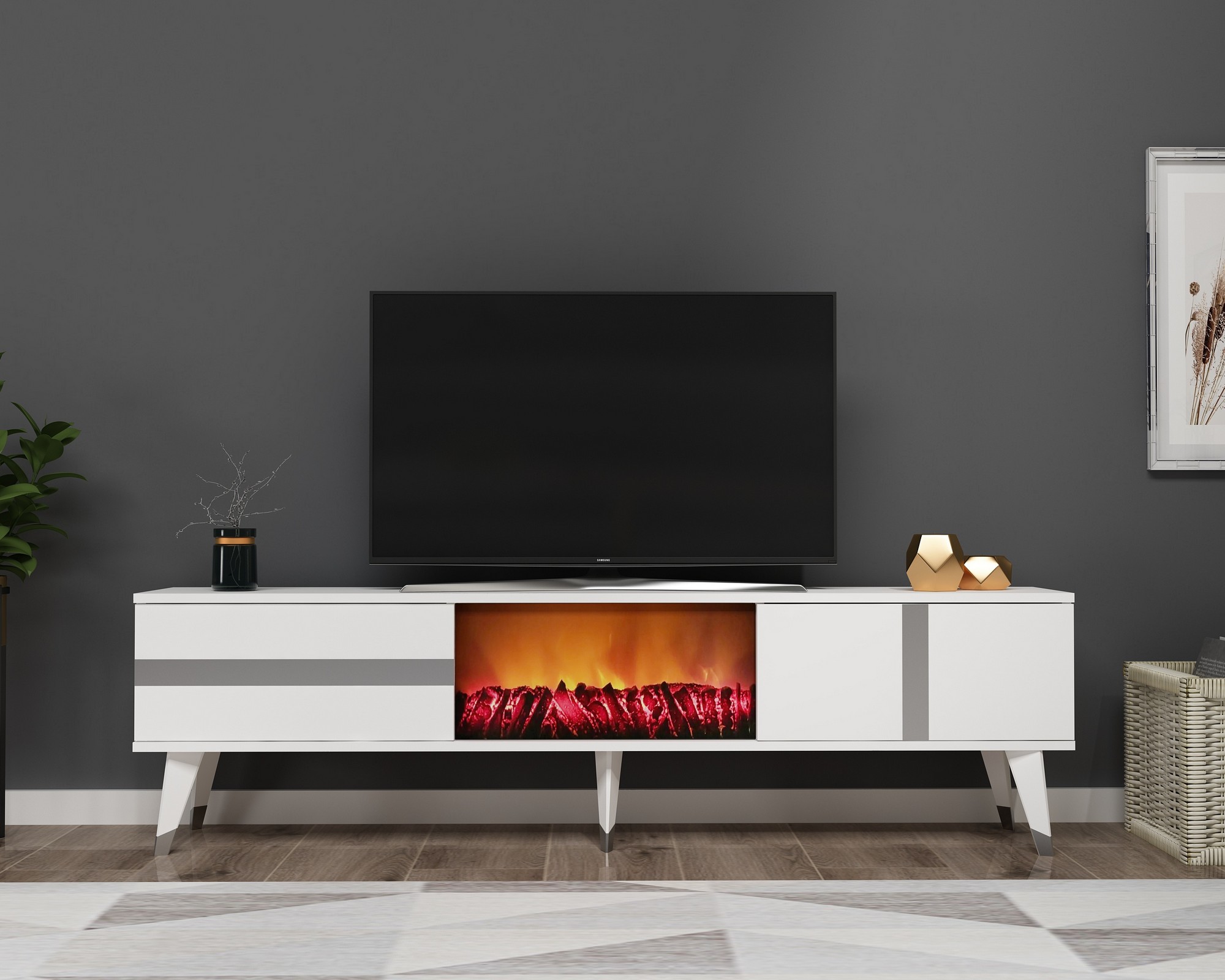 475OLV265420-201.jpg Vania Fireplace - White, Silver – ТВ комода - Image 1