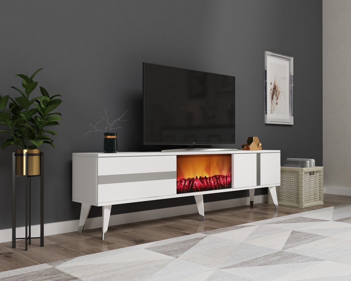 Vania Fireplace - White, Silver – ТВ комода - Image 2
