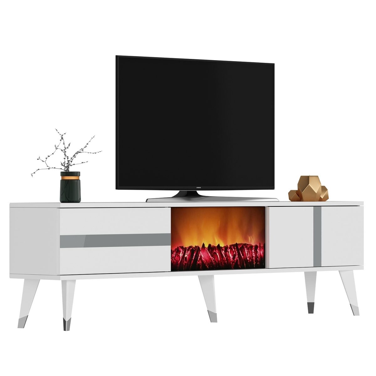 Vania Fireplace - White, Silver – ТВ комода - Image 4