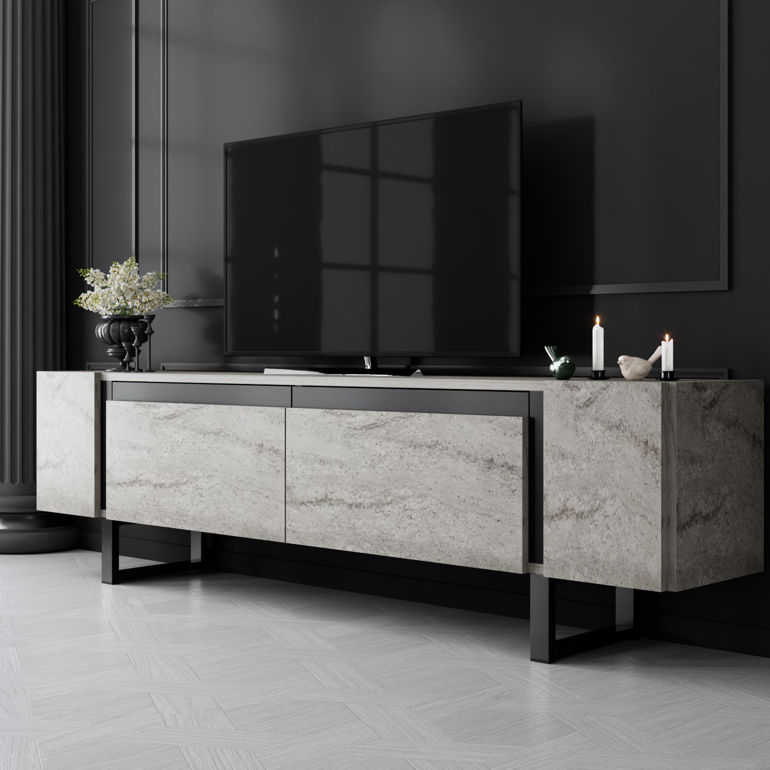 618BLY127720-201.jpg Yildiz - Travertine, Black – ТВ комода - Image 1