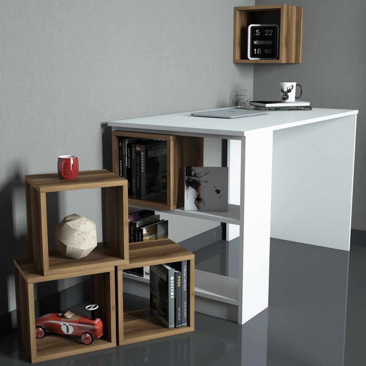 Box - White, Walnut – Биро за учење и полица за книги - Image 2