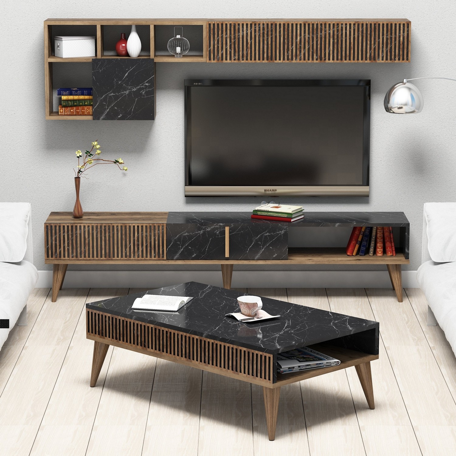 845HCT525220-201.jpg Milan - Walnut, Black – Комплет мебел за дневна соба - Image 1