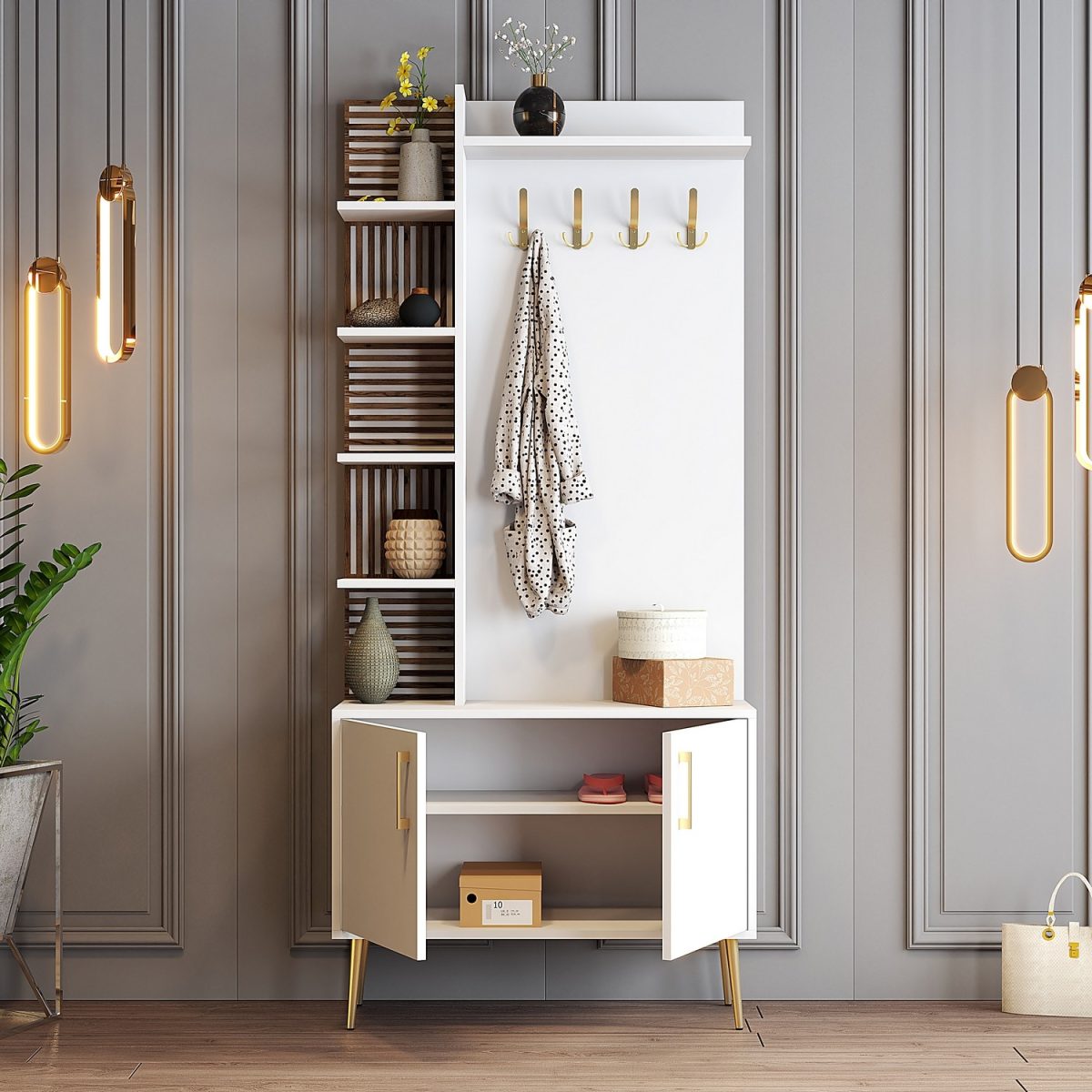 Viyana D - White, Gold – Гардеробер за претсобје - Image 2