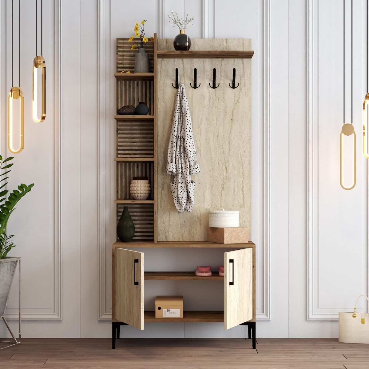 Viyana D - Walnut, Travertine – Гардеробер за претсобје - Image 2