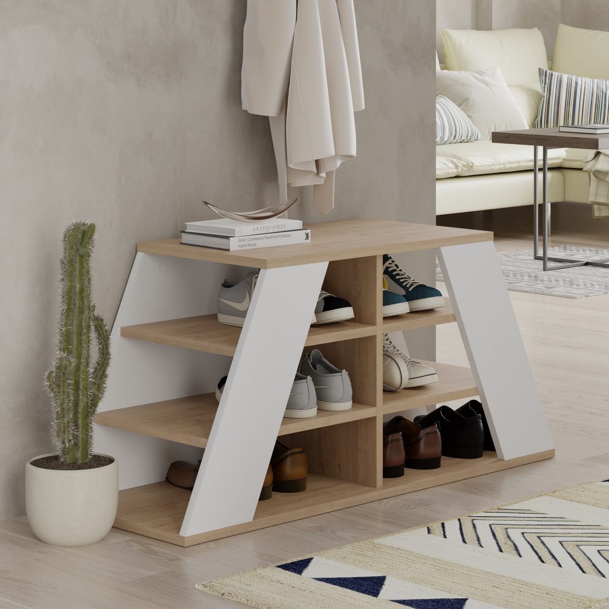 Pyramid Shoe Bench - Oak, White – Чевларник - Image 2