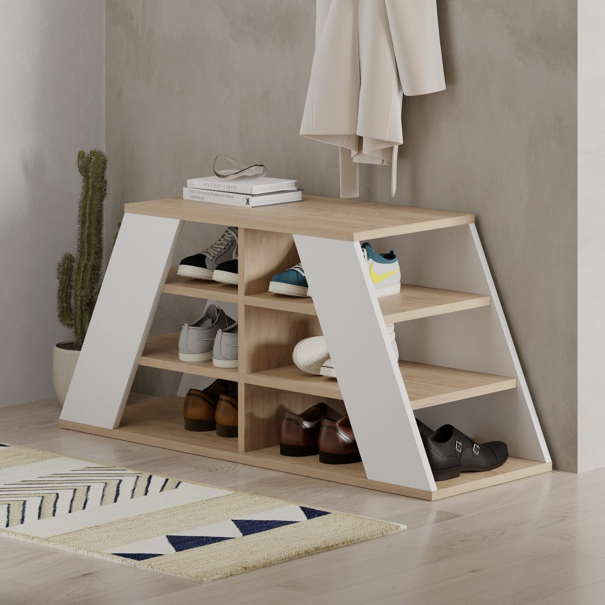 Pyramid Shoe Bench - Oak, White – Чевларник - Image 3