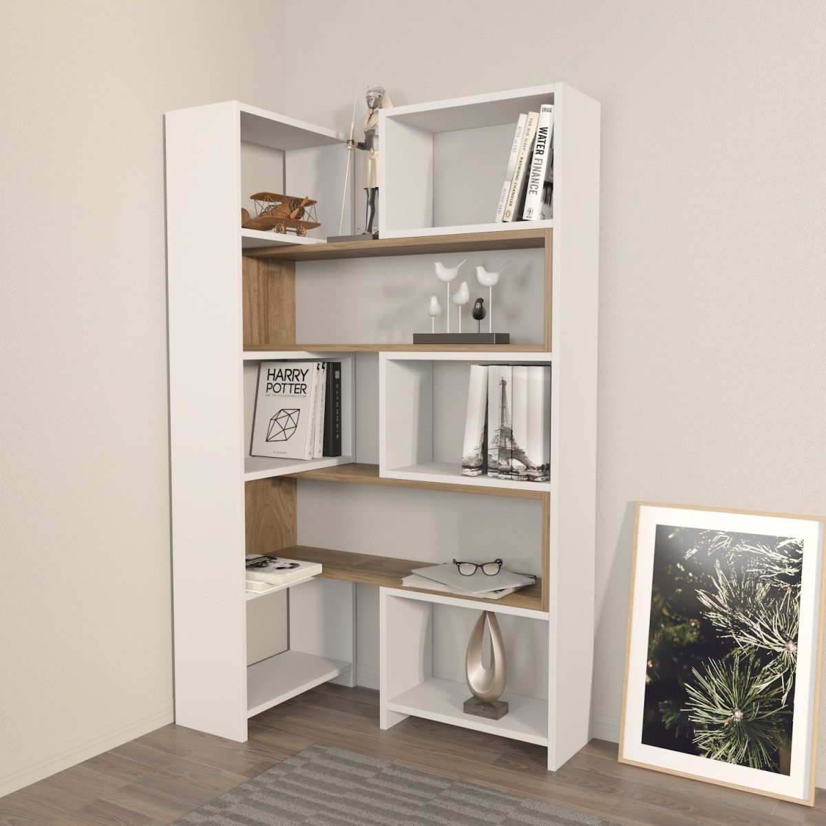 Poyraz - White, Walnut – Полица за книги - Image 2